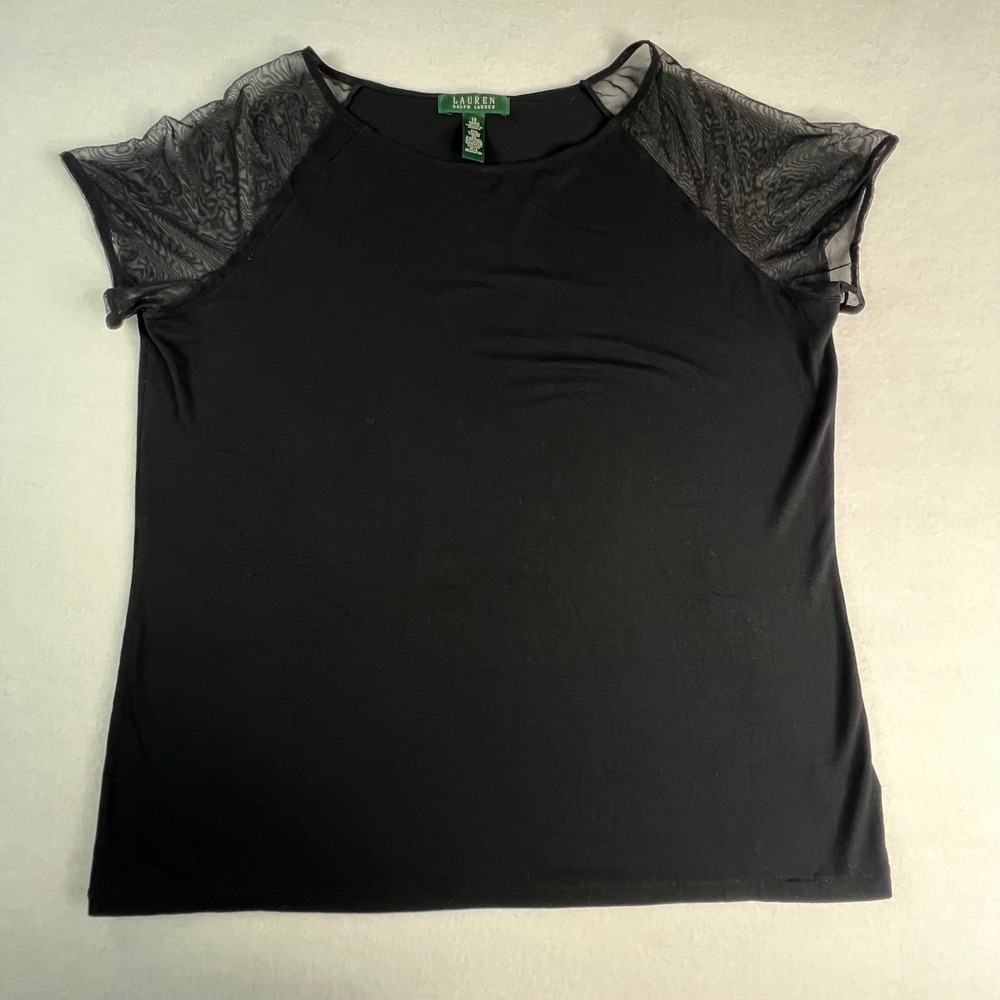 Lauren Ralph Lauren Womens Black Mesh Raglan Sleeve Boat Neck Top Plus 1X